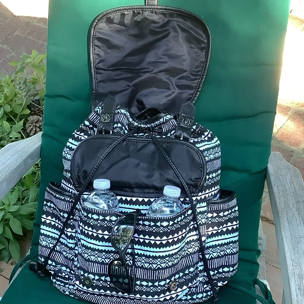 Backpack Mint Green Print Black Trim Side Pockets Drawstring Top New